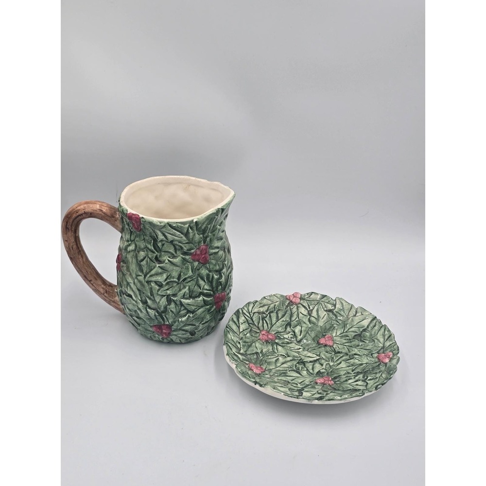 Vintage Nantucket Christmas Holly Pitcher & Plate Set Embossed Berry Ceramic